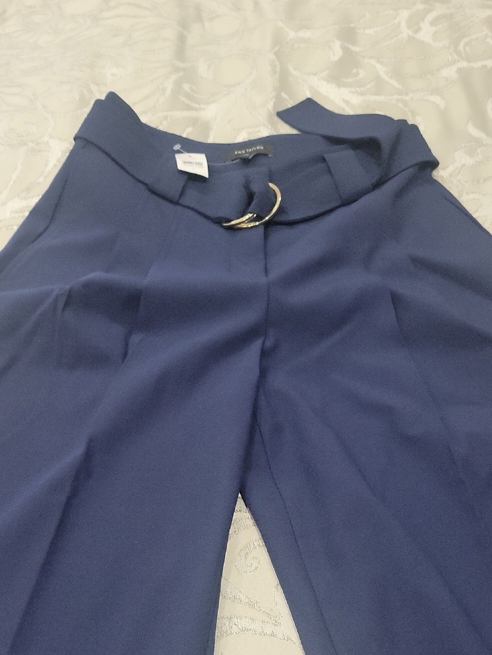 Ann Taylor Navy Wide-Leg Trousers with Gold D-Ring Belt